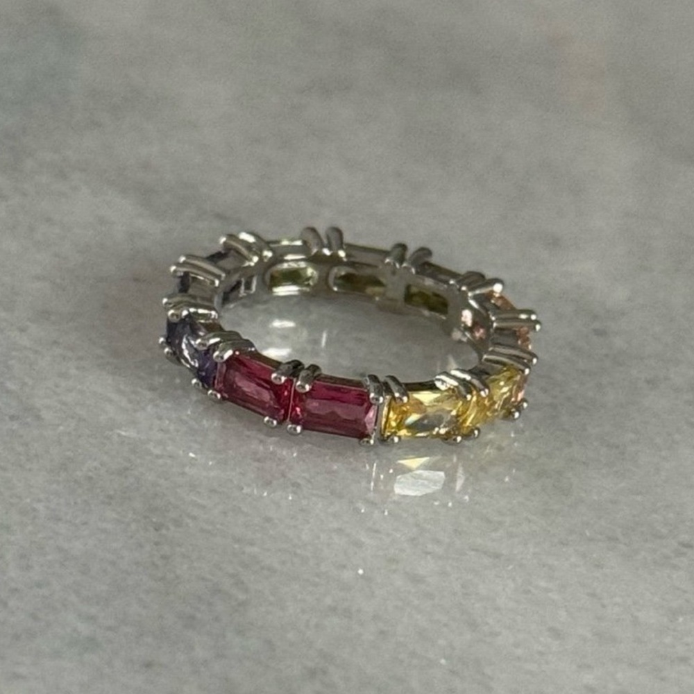 Silver Multi Color Princess Crystal Ring Size 7 - Picture 2 of 3